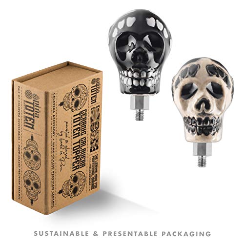 Piña Barware Totem Modular Cocktail Stirrer - Handmade Peruvian Ceramic Calavera"Sugar Skull" Accessory (Set of 2 - Black & White)