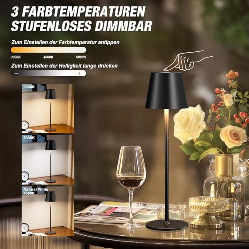 PreeOtti Wireless Table Lamp, Set of 2, Battery LED Table Lamp, Bedside Lamp, Touch Dimmable with 3 Colour Temperatures, Table Lamp with USB-C Rechargeable for Outdoor Bedside Table, Dining Table, Camping (Black)