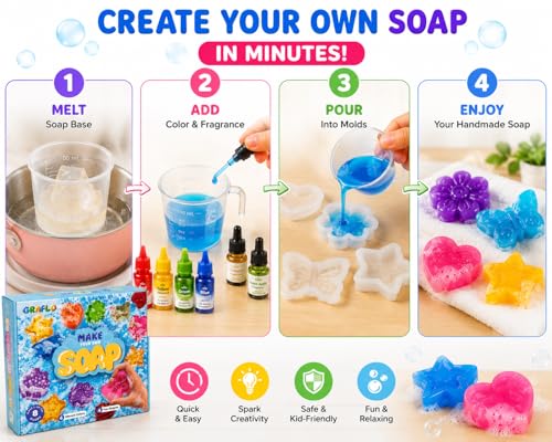 GRAFLO Soap Making Kit for Kids – DIY Make Your Own Soap Set with 8 Soap Bases, 4 Molds, 4 Colors, 2 Fragrances & Glitter, STEM Arts & Crafts Activity Gift for Boys & Girls Ages 6-12