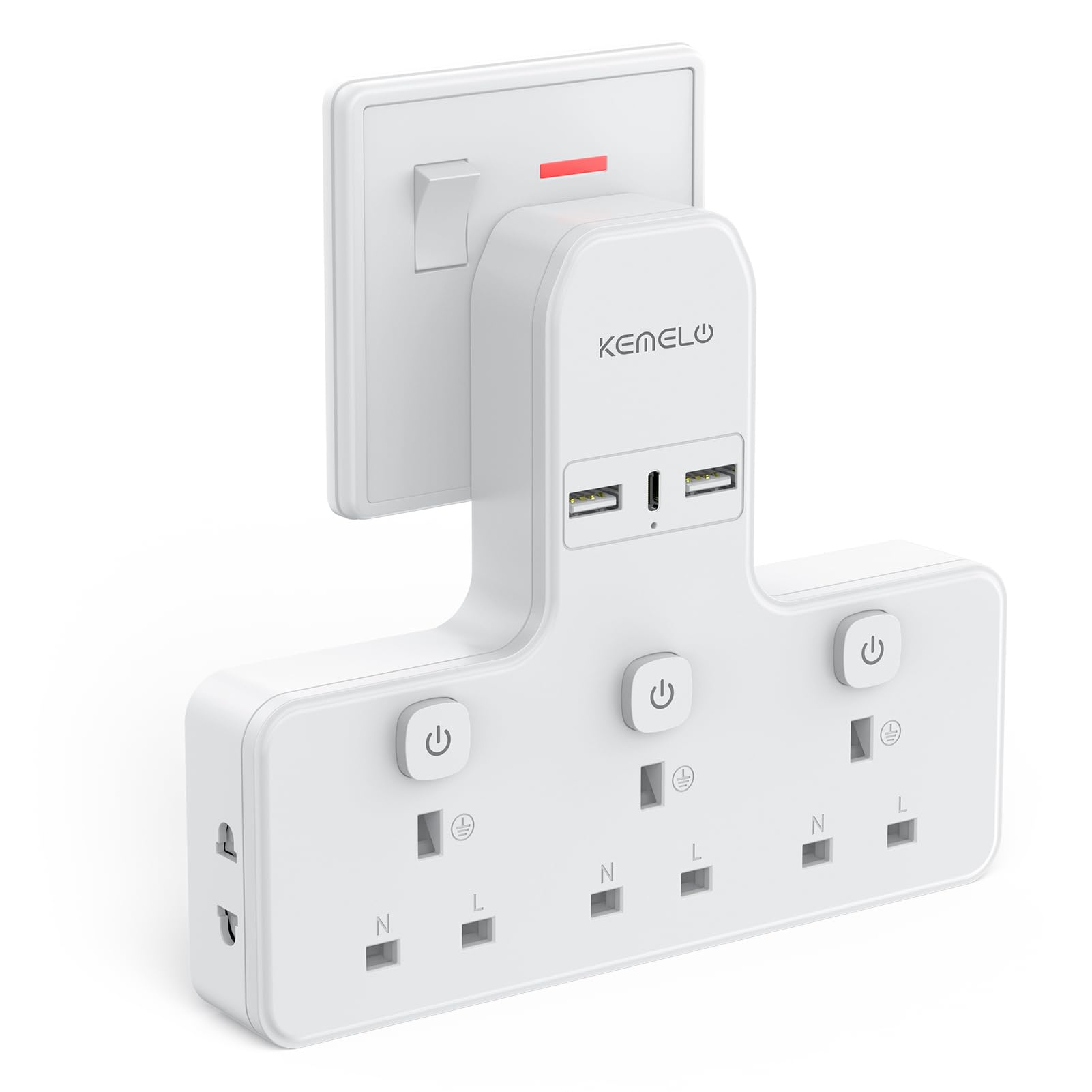 Multi Plug Adapter (3250W/13A), Plug Extension Socket with 3 USB, 3 Way Plug Adapter UK Built-in with Independent Switches,Wall Plug Extender for School Home, Kitchen, Office