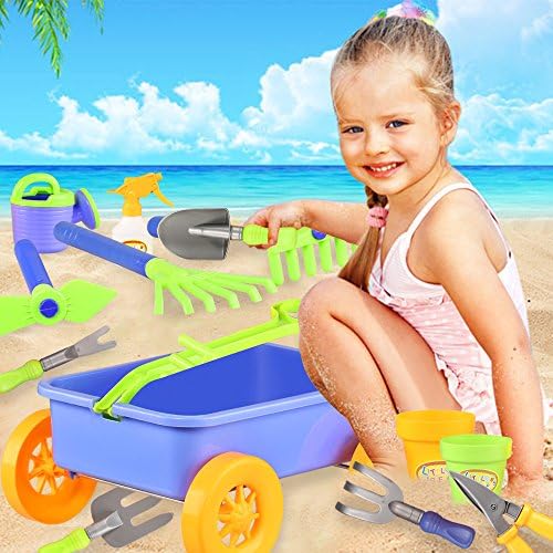 Garden Wagon &amp; Tools Toy Set for Kids - Includes 8 Gardening Tools, 4 Pots, Water Pail and Spray - Great Beach and Sand Toys