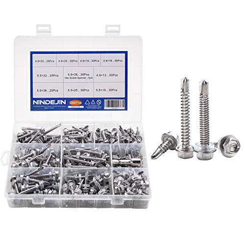 NINDEJIN M4.8 M5.5 Self Drilling Screws Assortment Kit Hex Washer Head Screws & Hex Socket Spanner, 410 Stainless Steel, 286pcs - Thumbnail 7