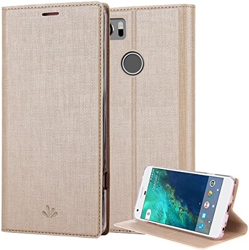 Google Pixel 2 XL Case, PU Leather Slim Flip Wallet Card Slots Cover Kickstand Feature and TPU Bumper Full Body Protection for Pixel 2 XL (Gold)