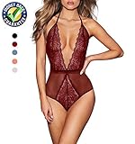 AnloveKiss Women Sexy Lingerie-Deep V Neck Backless Halter Teddy Bodysuit Perspective Lace Babydoll Underwear (S, Wine Red)