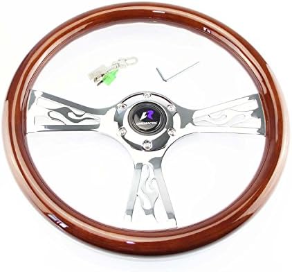 LR Universal 14" steering wheel with horn, 6 bolts 1.75" Dish, Mirrored Chrome Spoke (Wood / Classic T spoke)