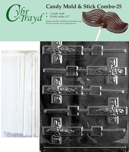 Cybrtrayd Cross Lolly Chocolate Candy Mold with 25 4.5-Inch Lollipop Sticks and Exclusive Cybrtrayd Copyrighted Chocolate Molding Instructions