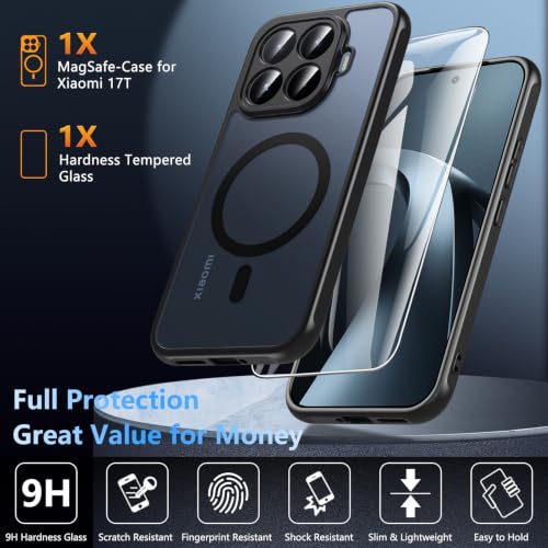 OWKEY Magnetic Case for Xiaomi 17T with Tempered Glass, Shockproof Protective Camera Case Cover for Xiaomi 17T (Black)