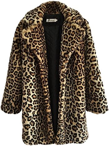 COLINNA Women's Sexy Elegant Vintage Leopard Print Lapel Faux Fur Coat Winter Jacket Outwear