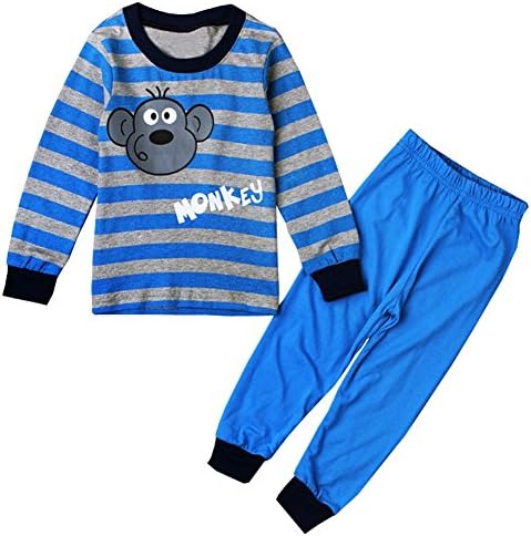 LQVOG Baby Boys Girls Long Sleeve animals Monkey Stripe Sleepwear Pants Pajamas Set (3, blue)