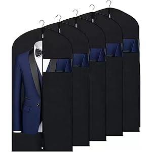 24x47 Inch Garment Bags for Hanging Clothes, Black, 5 Pcs Waterproof Suit Covers for Closet Storage, Full Zipper White Dust P