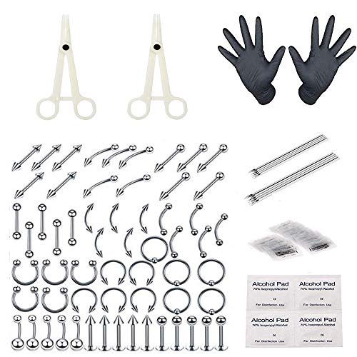Jconly Piercing Kit - 94Pcs Professional Body Piercing Kit Surgical Steel Piercing Needles 14G,16G Piercing Clamps Belly Ring Tongue Tragus Nipple Nose, Body Piercing Tools ... ...