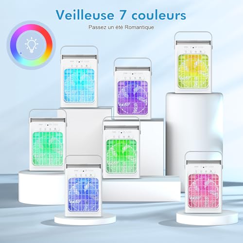 3-in-1 Mini Portable Air Conditioner, 1L Water Tank, 4 Adjustable Speeds 3 Timers, Built-in RGB Light, Silent Mobile Air Conditioner with Remote Control for Home, Office