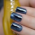 Coolnail Reflective Mirror Blue Gray Metal Plating False Fake Nails Navy Blue Acrylic Metallic Square Nail Art Tips