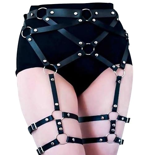 Aokin Women Leather Body Harness Garter Belt Adjustable Waist Leg