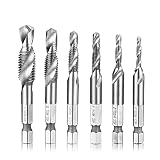 Migiwata HSS Metric Hex Shank High Speed Steel Spiral Flute 2-in1 Combination Drill and Tap Bit Set M3-M10 with 1/4" Hex Shank Set of 6pcs