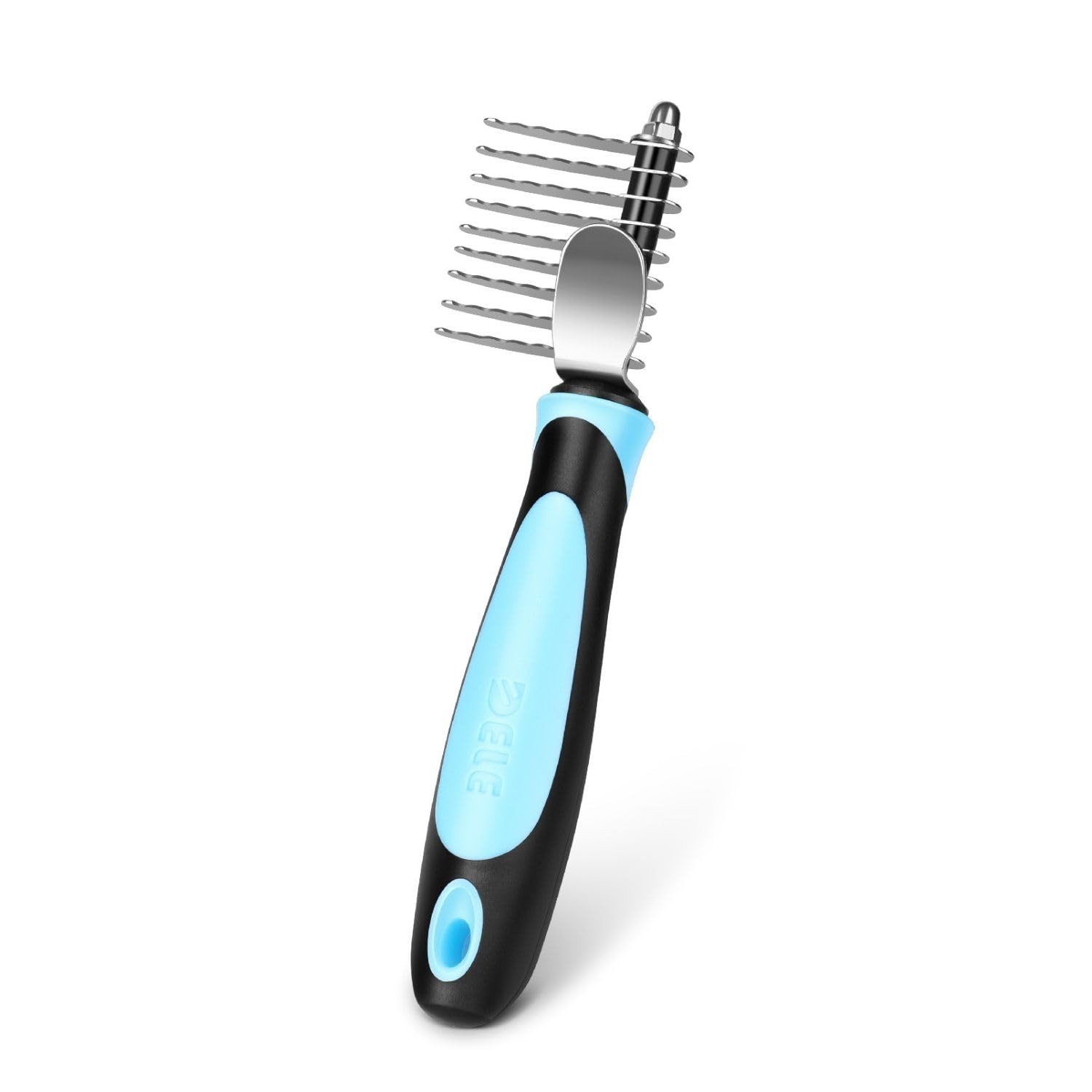 Flexzion Dogs Dematting Comb, Stainless Steel Blades Rakes, for Pets Cats Animals Matted Knotted Hair, Brush Cutting Removing Grooming Tool with Smooth Teeth Needle - Black & Blue Handle