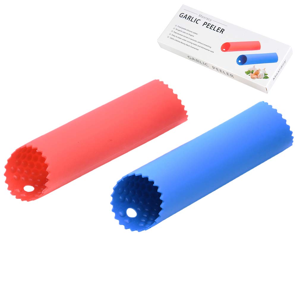 [Upgraded Version] Maxracy 2 Set Garlic Peeler Silicone Easy Roll Tube Useful Garlic Odorfree Kitchen Tool (Red,Blue)