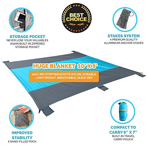 Kore Beach Blanket, Family Size 10'x9', 5 Sand Pockets+4 Anchor Loops&Stakes, Made with Durable 100% Nylon Water Proof, Lightweight, Portable Mat -Durable,Completely Sand Proof - Thumbnail 2