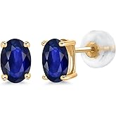 Gem Stone King 14K Yellow Gold Oval Blue Sapphire Stud Earrings | 0.90 Cttw | Gemstone September Birthstone | Oval 6X4MM | Gold Earrings For Women Men