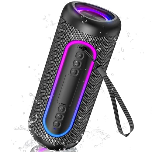 UOHHBOE Altavoz Bluetooth Portátil 30W, Sonido 360° con Graves Potentes, Bluetooth 5.4, 30H Batería, IPX5 Impermeable, Luces RGB, TWS Estéreo, USB-C, AUX, USB y TF, para Fiesta y Playa