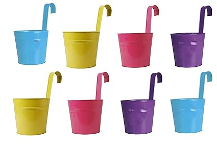 Appeasy Metal Hanging Round Railing Planter Set of 8 pcs (Multi Color - with Drainage Holes)