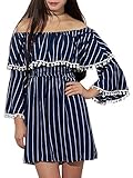 Yidarton Women Summer Chiffon Mini Dresses Off Shoulder Bell Sleeve Falbala Ruffles Tassel Striped Casual Dress