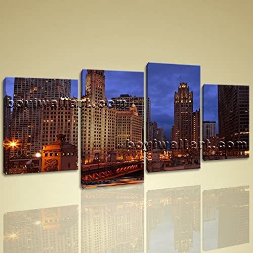Amazon.com: Huge Framed Contemporary Landscape Wall Art Print Canvas Chicago At Night, Large 