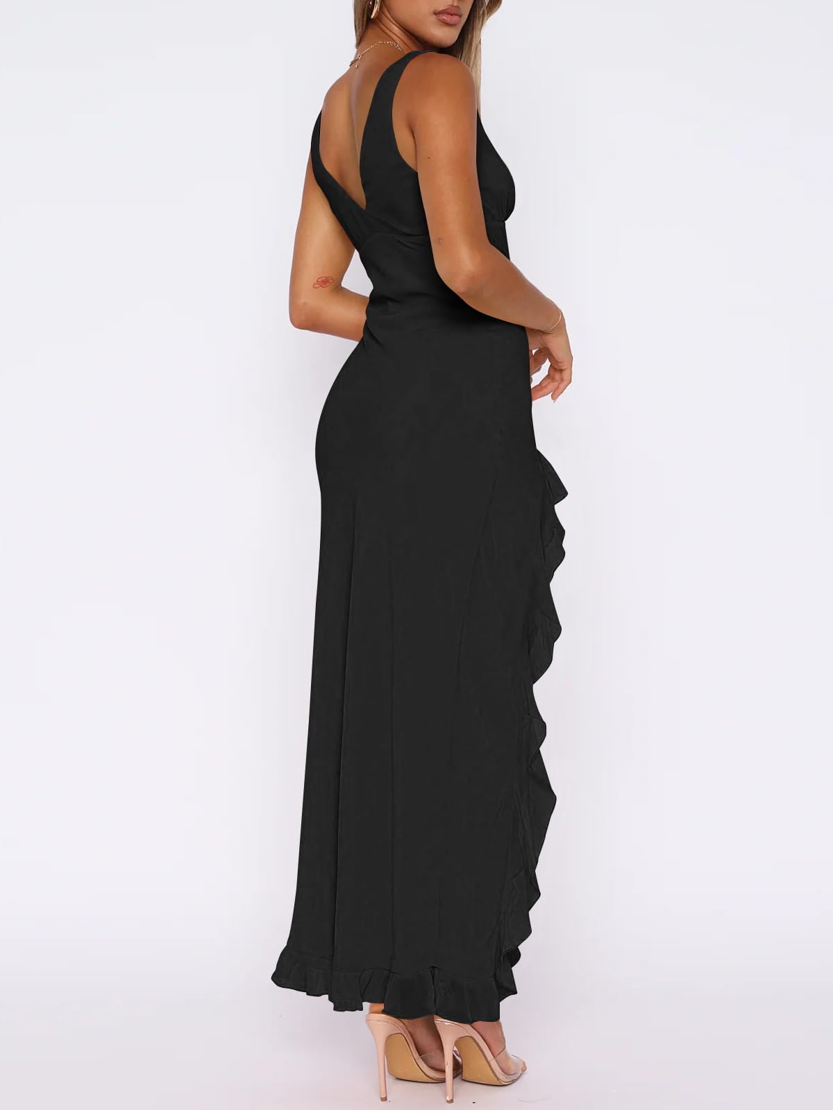 MIYIEONZ Women Sexy V Neck Sleeveless Mesh Ruffle Hem Bodycon Maxi Casual Backless High Slit Cocktail Party Dress