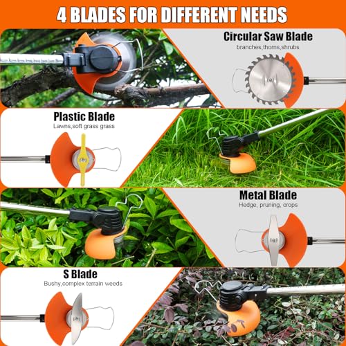 21V Cordless Weed Wacker with Wheels, 3-in-1 String Trimmer, Lawn Edger & Brush Cutter for Thick Weeds, 2 Batteries, 4 Types Blades, Adjustable Height, 90° Pivot Head, Lightweight Yard Tool