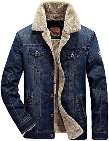 JEWOSORMens Plus Cashmere Winter Warm Fur Collar Denim Jacket Windbreaker Outwear Parka Coat (UK XX-Large/Tag Asia 4XL, Dark Blue)