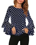 ZANZEA Women's Polka Dot Layered Ruffle Long Sleeve Crew Neck Elegant Tee Top Blouse Blue 1 US 10