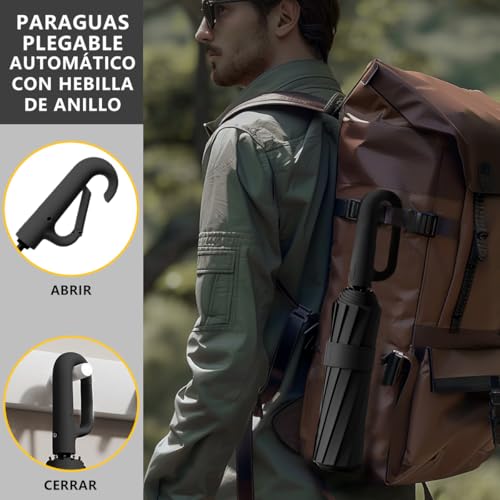 MXHIGO Paraguas Plegable Automático con Hebilla de Anillo, Paraguas de Bolsillo Reforzado, Sombrilla Grande Resistente al Viento, Con 20 Varillas Reflectantes y Protección UV, Para Hombres y Mujeres