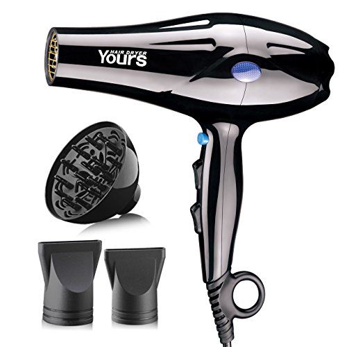 Click Here to See More Images Hair Blow Dryer for 1875 Watt - Professional Hair Dryer with Diffuser Concentrators 2 Speed and 3 Heat Settings Cool Shut Button AC Motor by YOURS (Black)