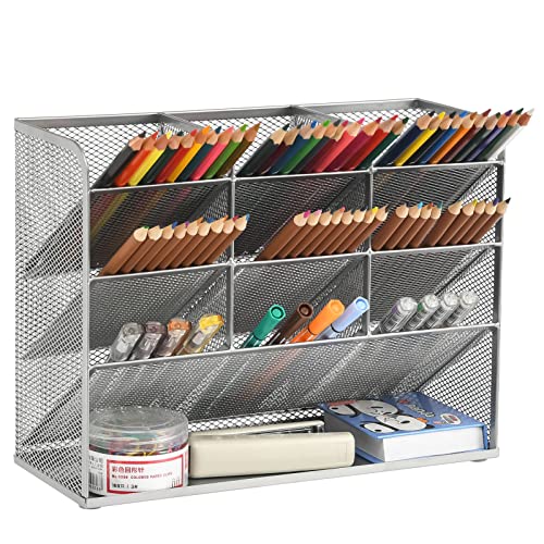 Marbrasse Organizer da scrivania in rete, portapenne multifunzionale per scrivania, organizer da scrivania, portaoggetti per materiale artistico per la scuola, l'ufficio e la casa (argento)