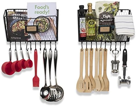 WALL35 Hanging Kitchen 2 Chicken Wire Basket with 20 Hooks - Farmhouse Decor – Wall Mounted Organizer Rack - Utensil Storage Solution Black