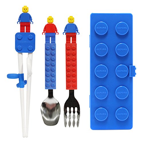 Brick Figure Spoon, Fork, Training Chopsticks and Case set for Toddler Kid Children (Blue)