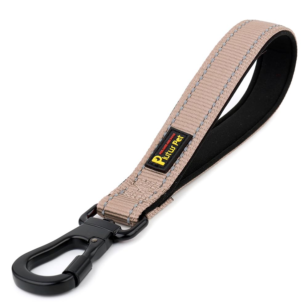 PLUTUS PET Short Dog Lead, Reflective Nylon Padded Handle, Strong Traffic Lead with Carabiner Clip, Perfect for Large or Medium Dogs (25cm，Beige)