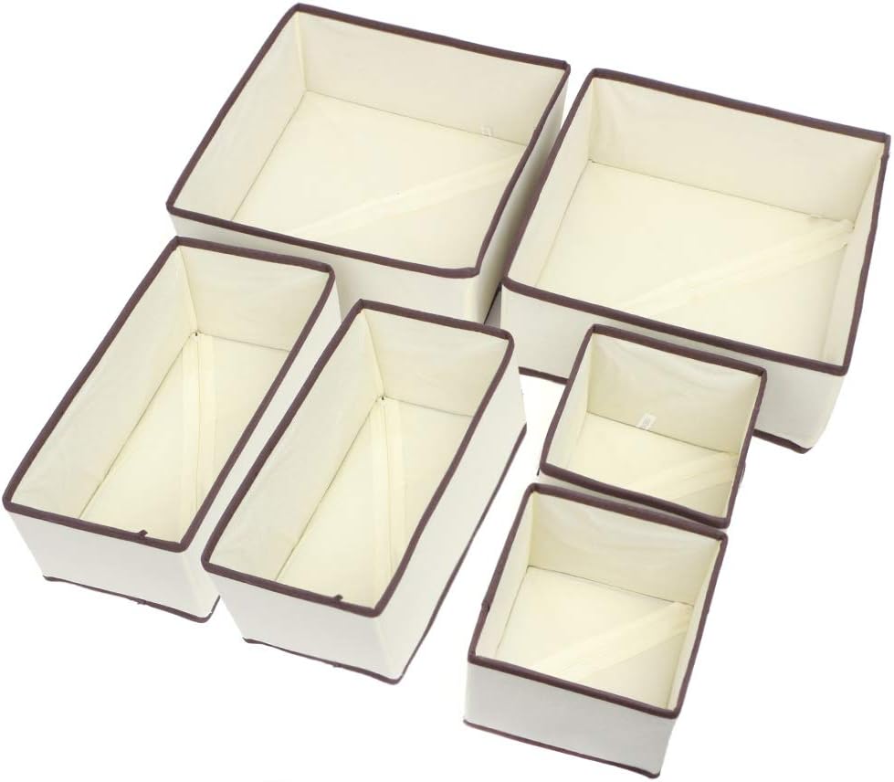 QYONLINE 6 Pack Dresser Drawer Organizer, Foldable Cloth Storage Box, Fabric Wardrobe Closet Divider Containers for Underwear, Bra, Socks, Ties, Clothes, Cosmetics (Cream Color)
