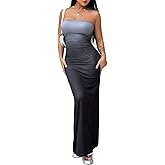 LIGHT DOT Women's Summer Dress Ombre Strapless Tube Gradient Bodycon Long Side Slit Mesh Layered (Grey,M)