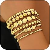 YNZGYBY 6Pcs Gold Star Balls Beaded Bracelets Set for Women Fashion Stackable Stretch Round Bead Bangles Coin Statement Bracelet Vintage Hippie Elastic Jewelry