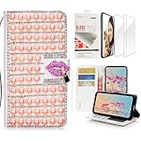 STENES Bling Wallet Case Compatible with iPhone 7 / iPhone 8, 3D Handmade Pearl Lattice Sexy Lips Design Leather Case with Wrist Strap & Screen Protector [2 Pack] - Pink