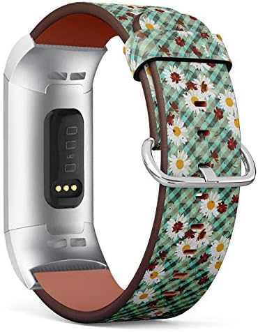 Compatible with Fitbit Charge 3 / Charge 3 SE - Leather Band Bracelet Strap Wristband Replacement with Adapters - Tablecloth Daisy Cosmos