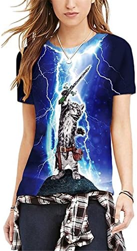 Ashlard Beautiful Women's Animals Cats Digital Print Short Sleeve Tee T-Shirt Casual Tops Cat with SwordSmall