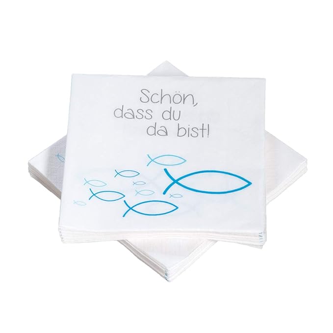 20 Servietten Fische Ichthys 'Schön, DASS du da bist!' 33x33 cm - blau türkis - für Kommunion, Taufe oder andere Festliche An