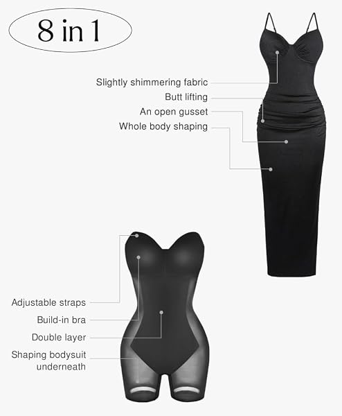 POPILUSH V NECK COCKTAIL DRESSES WOMEN SHAPEWEAR DRESS ADJUSTABLE MAXI DRESS TUMMY CONTROL PARTY DRESS BLACK M