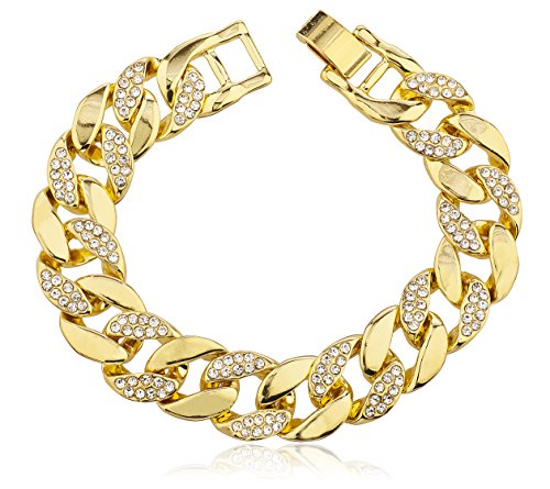 Men's Half Iced Out Cuban 8.75 Inch Link Bracelet with Snap Clasp (Goldtone) (P-837)