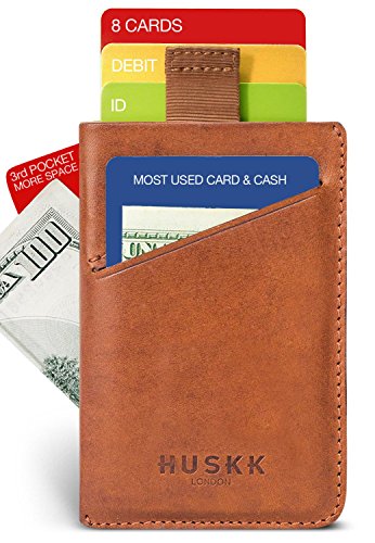Unique 3 pocket Slim Card Holder - Front Pocket Wallet - RFID Blocking - Money clip Strap - Minimalist Leather Credit Card Sleeve - Men - HUSKK