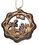 Two Layers Mahogany with Olive Wood Holy Family Nativity Scene Ornament Gift Carved by Laser - Olive Wood (6 cm or 2.4 inch with Certificate) and Gold String