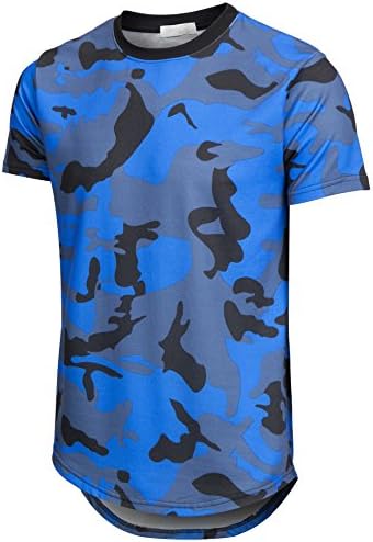 Mens Hipster Hip Hop Elong Round Hemline Crewneck Camouflage T-Shirt (Blue, X-Large)
