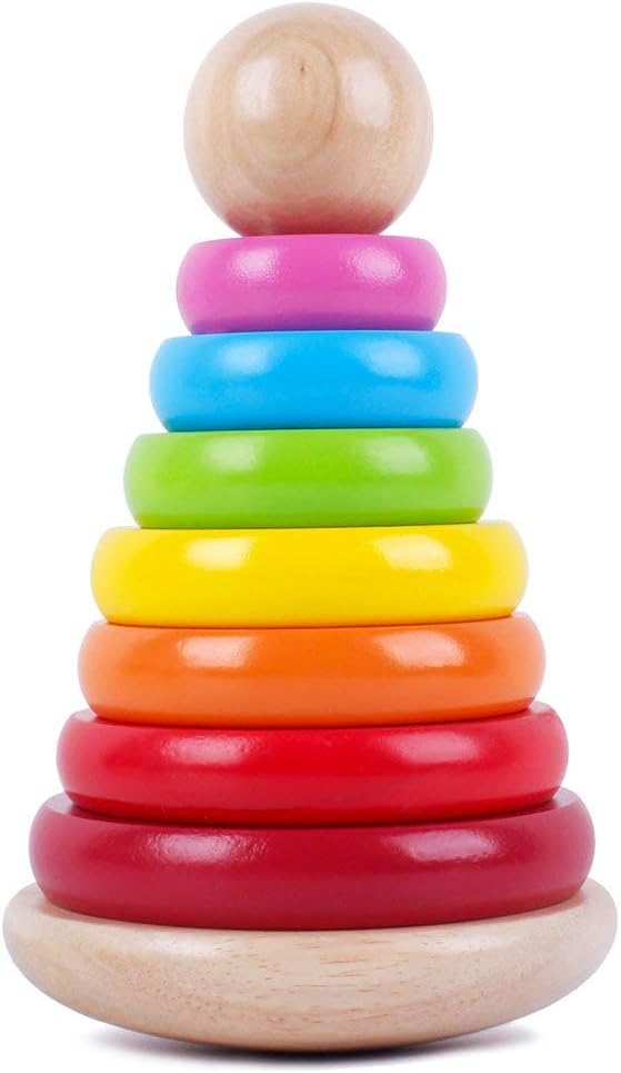 Wooden Rainbow Ring Stacker Toy Stacking Ring Tower Games Early Educational Development Toys for Babies and Toddlers